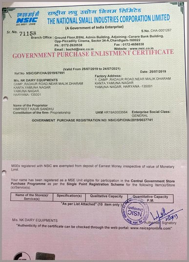Governement Purchase Enlistment Certificate - NK Dairy Equipments